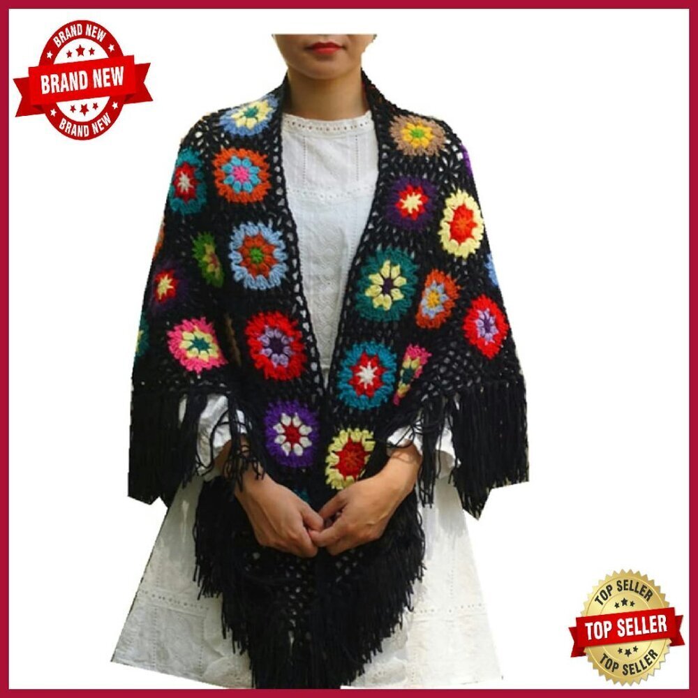 Handmade Crochet Poncho Shawl Sweater 70x34in Fringed Wrap